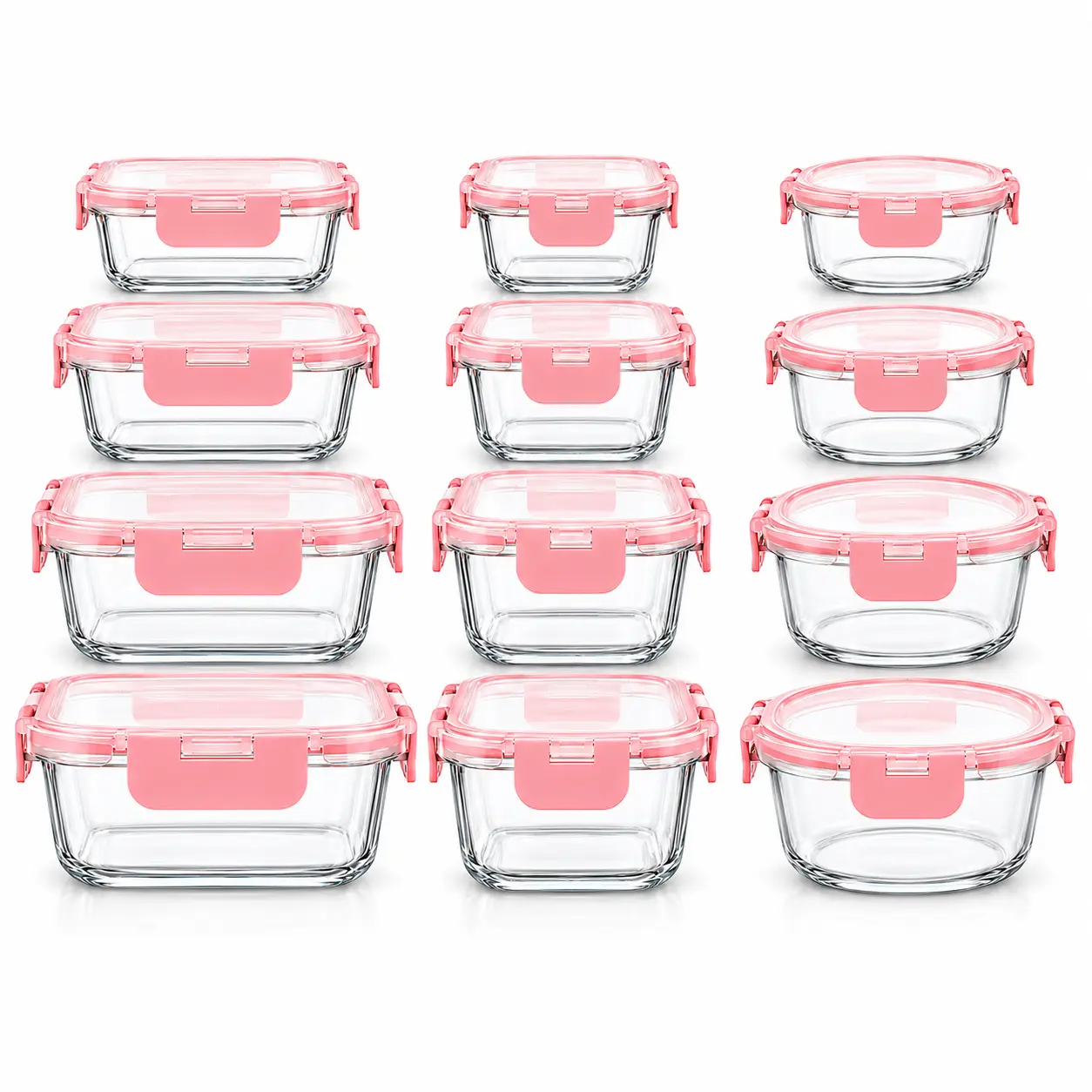 AISOON 12-Pack Glass Food Storage Containers with Airtight Leakproof BPA-Free Locking Lids, Multi-Size Meal Prep Set with 3 Shapes, Microwave-Safe Freezer Dishwasher Safe, Pink Kitchenware