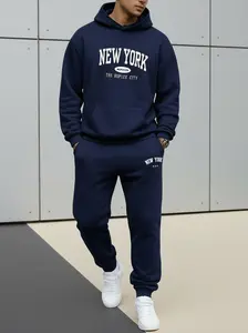 Men's New York Print Hooded Tracksuit - Men's tracksuit, polyester tracksuit with pockets, long sleeves, loose fit, knit fabric, suitable for autumn and winter, slightly stretchy. tiktok  shoober  monday joggers  weatsuit regular length top Cross Pattern