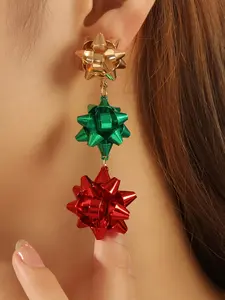 Colorful Metal Christmas Bow Design Long Dangle High Quality Earrings Vacation Classic Style Adorable Christmas Eve Gift TRIO Earrings