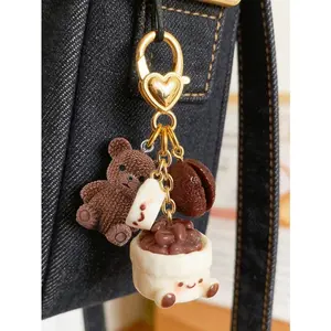 1pc Cute Coffee Bean & Teddy Bear Keychain,Coffee Bean Bag Pendant,Fashion Accessories,Coffee Cup Shaped Keychain