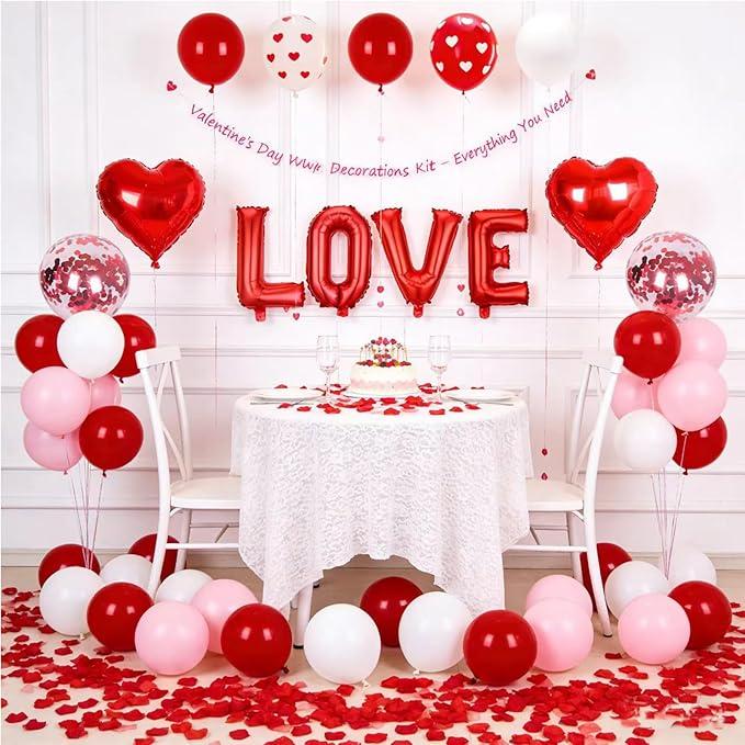 New Deal - Valentines Day Bedroom Decorations Balloon Arch Kit, Romantic Love Balloons Set with 32” LOVE Foil Letters, Heart Balloons, Rose Petals for Proposal, Anniversary & Couples Surprise