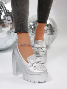 White Closed Toe Platform Loafers,Chunky Heel Tassel Dress Work Pumps, Mary Jane Slip-OnWomen High Heels