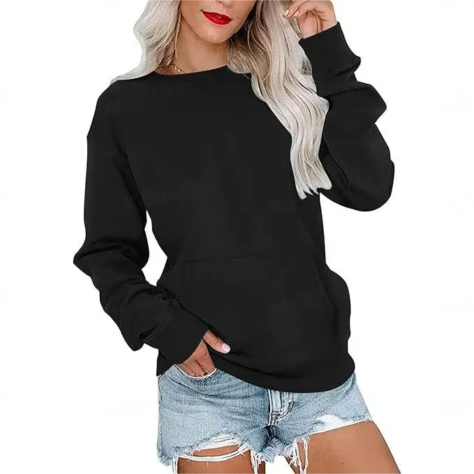 Women's Medium Length Crew Neck Hoodless Fleece Pullover Sweater - Loose Basic Minimalist, Lightweight Longsleeve, Kangaroo Pocket, Soft Casual Top for Party/Athletic Use, 2025 Xmas Gift (Pairs with Leggings), Classic Hoodless Design, Soft Fabric, Junior,