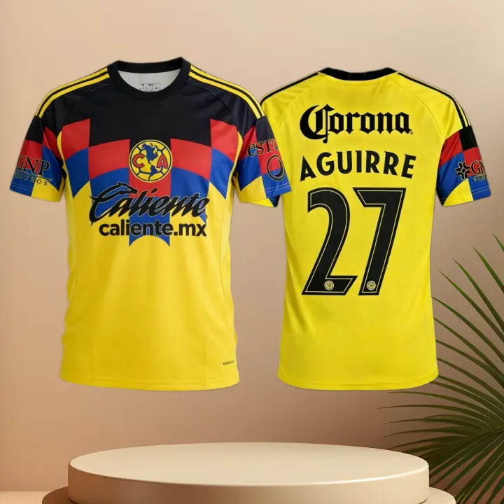 27# Rodrigo Aguirre 25 26 Club America Home Yellow Short Sleeve Soccer Jersey Fans Version Breathable
