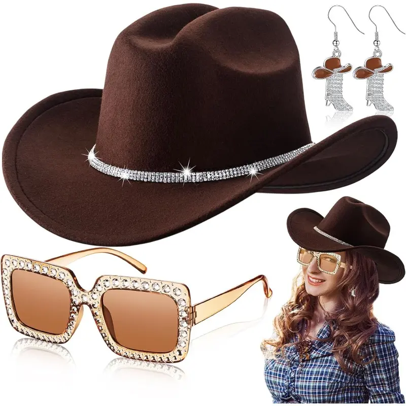 8552 3 Pcs Cowboy Hat Cowgirl Boots Earrings Rhinestone Sunglasses Women 91VyrBF8glL.jpg main image 3