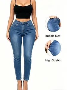 Women's High-Rise Stretch Washed Denim Skinny Jeans - Button Fly, Butt Lift, Tummy Control, Hourglass Figure, Minimalist Design, All-Season Casual Bottoms for Crop Tops, Tees