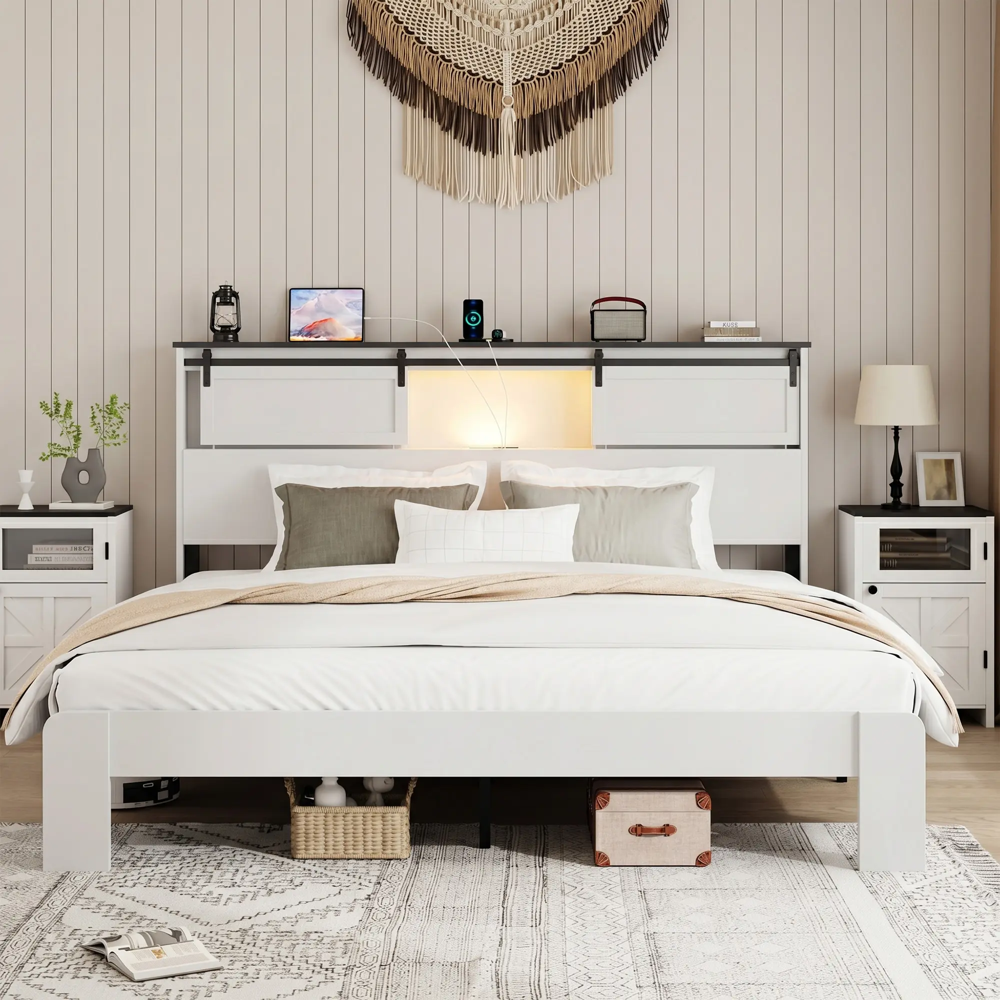 King Size Metal Bed Frame with Charging Station, Heavy Duty Steel Platform Bed No Box Spring Needed, Easy Assembly, Noise-Free, White Finish for Bedroom, Durable Support Frame, 1 Pack, Bedroom Furniture for Bedroom, Guest Room, Kids Room