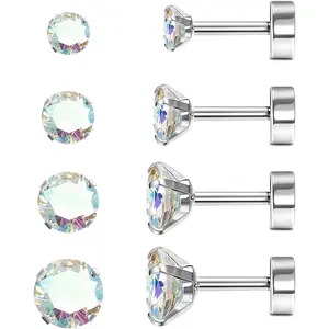 MILACOLATO G23 Titanium Hypoallergenic Flat Back Cubic Zirconia Stud Earrings for Women Men - Silver Helix Cartilage Tragus Sleeper for Multiple Piercings (4 Pairs)
