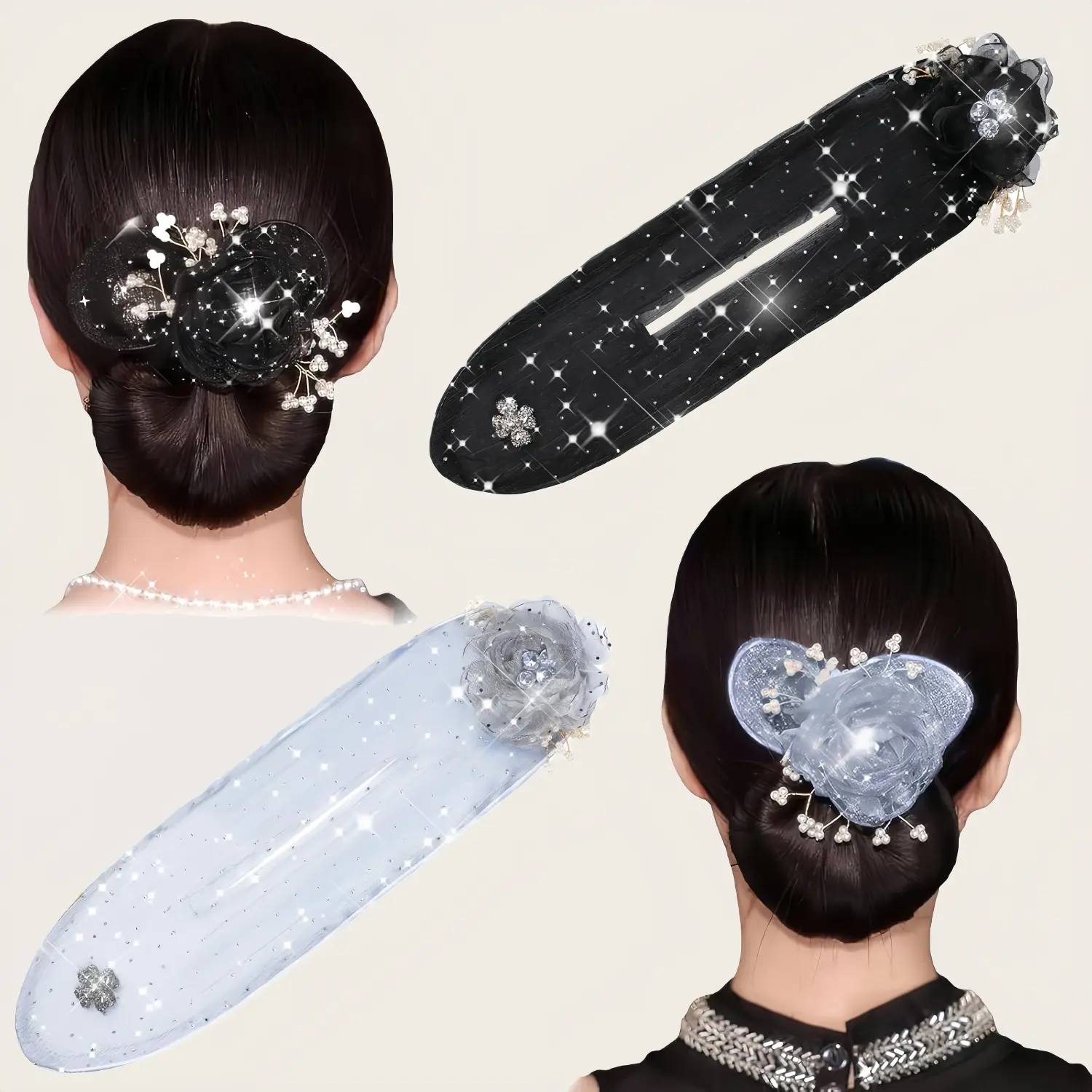 Hair Accessories Set for Women, 2-Piece Elegant Flower Bun Hair Clips with Pearl and Gauze, Lightweight Twist Bun Maker for Daily Outfits, Flower Hair Accessories