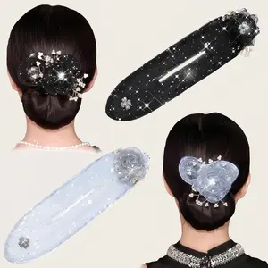 Women’s 2-Piece Portable Lightweight Hair Accessories Set - Pearl-Metal French Bun Maker, Handmade Embroidered Flower Accessory, Shiny Ball Clips, Flower Bun Rollers, Twist Clips, Sparkling Crystal Braided Pieces for Daily Outfits, Gift Option