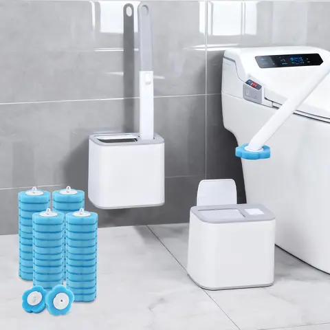 CLEALOM Disposable Toilet Brush Set with 48PCS Pre-loaded Cleaning Heads, 15.7-inch Extended Reach Wand, Wall-Mounted Caddy for Bathroom Cleaning System