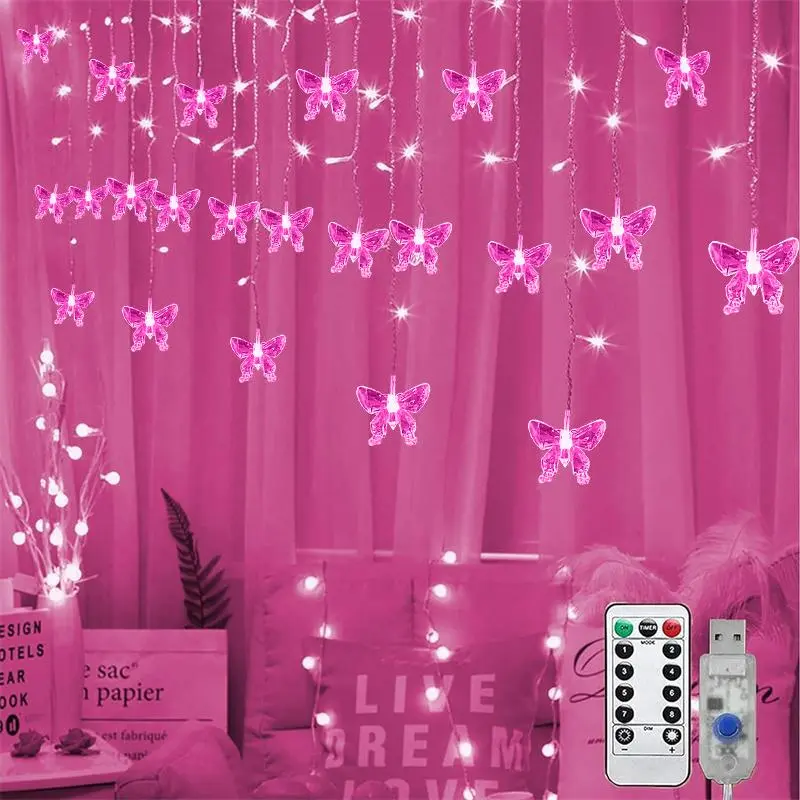 Butterfly Shaped Design Curtain Light, USB Powered 96 LEDs Curtain String Light with Remote Control, Decorative Light for Home Bedroom Living Room, Dimmable Adjustable Brightness Led Lights, Led Lighting