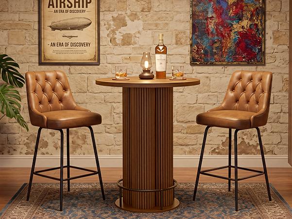 Giratree Bar Table, 39.37" H Round Bistro Table Fluted Pub Table with Base & Metal Ring Footrest Wood Cocktail Desk for Patio, Coffee House, Living Room, Kitchen, Small Space