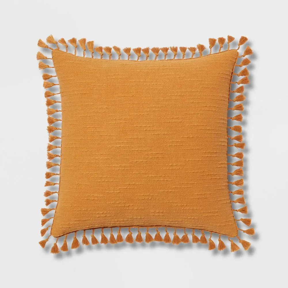 Threshold Dark Textured Slub Tassel Decorative Throw Pillow, Square Cushion, Euro Polyester Blend for Room Decor