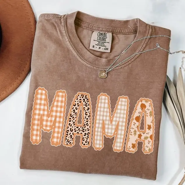 Comfort Colors Mama Fall TShirt, Autumn Mom T-Shirt, Thanksgiving Halloween Mama Tee, Gingham Leopard Pumpkin Patch Gift
