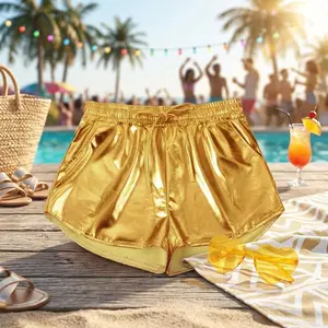 Women's Metallic Shiny Sparkly Shorts with Drawstring Waist and Holographic Fanny Pack Sunglasses - Hot Rave Party Pants Perfect for Festivals Clubwear Night Out Glamorous Fashion Accessories Comfortable Fit