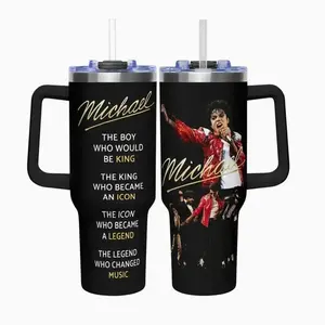 Michael Jackson Tumbler 40oz With Handle, King of Pop Collage Tumbler, MJ Fan Gift, Music Legend Travel Cup, Retro Pop Star Drinkware, Gift for Pop Fans, Gift for him & her