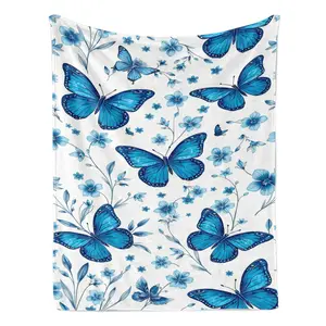 Watercolor Blue Butterfly Floral Lover Gift Soft Cozy Flannel Blanket Blue Butterfly Print Plush Throw Warm Fuzzy Bedroom Sofa Blanket Perfect Gift for Women Girls Mom Birthday Holiday Mother's Day Home Decor