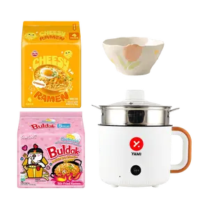 Samyang Otoki Cheddar Cheese Ramen & Buldak Creamy Cheese Spicy Chicken Ramen Bundle with Electric Pot and Rice Bowl - Korean Instant Noodle Meal Kit for One