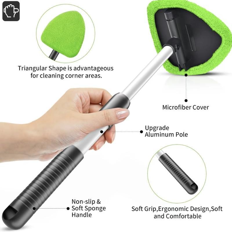 Windshield Cleaner Tool - Extendabie HandleAuto Glass Wiper Kit with 3 Reusable WashableMicrofiber Pads! Perfect for Car Interior &Exterior, Cleans Dirty Windows Easily. GreenWand + Cloth Pads, Must-Have Car CleaningBrushes for Spotless Glass microfiber t