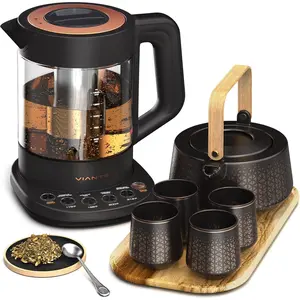 Luxury  Set. Electric Kettle with Infuser for Loose Leaf And Ceramic Serving Set. Teapot and Cup Set with Wooden Tray. Excellent  Idea For  Lovers.