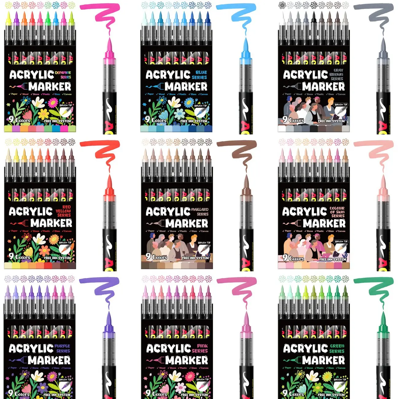 81 Colors Acrylic Paint Markers Set, 1 Box of 9, 9 Color Combinations, Rich Ink, Smooth Flow, Ideal for Crafts & Art, Kids Gift, Art Supplies, Acrylic Paint Pen