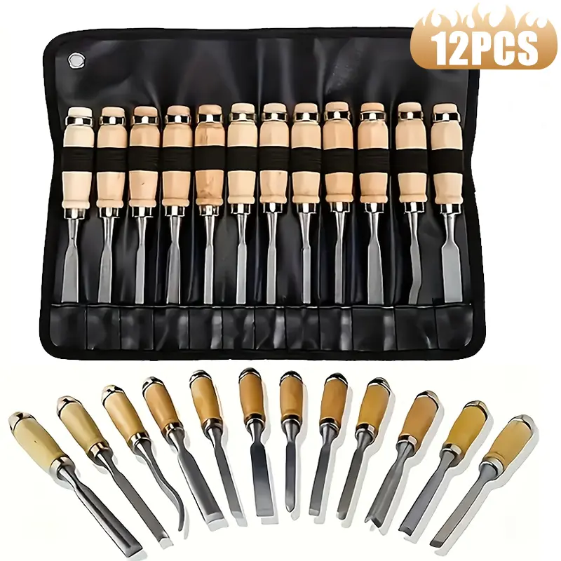 12pcs Professional Wood Carving Chisel Set, Beech Wood Handle With Comfortable Grip - Essential Detail Carving Tools For Woodworking, Hand Tools