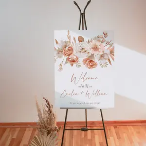 White peach roses wedding welcome sign printable orchids and pampas grass boho welcome poster tropical floral wedding welcome board 