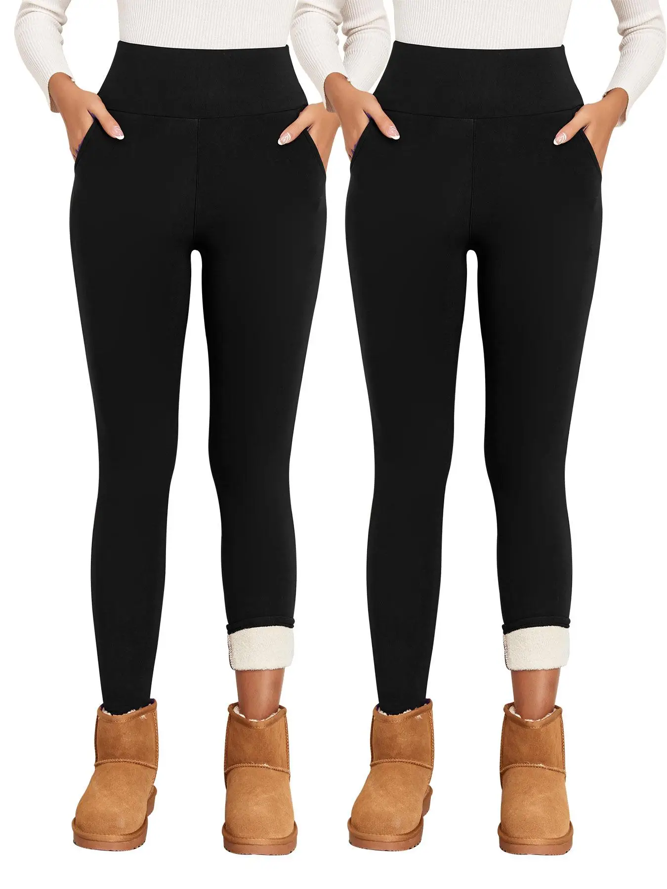 Women's Plain Pocket High Waist Thermal Lined Leggings, Casual Comfy Warm Skinny Pants for Daily Wear, Ladies Bottoms for Winter