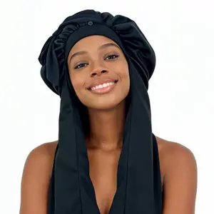 Bow Decor Braids Sleeping Bonnet for Women 2 in 1 Long Braids Protection Cap Reduce Friction Prevent Frizz Black