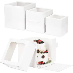 12 count Cake Box, Tall Cake Boxes with Window in 3 Sizes 12x12x12 10x10x10 8x8x8 Inches, Bakery Boxes Disposable Carrier Take Out Container, 2 or 3 Tier for Valentine's Day Mother's Day