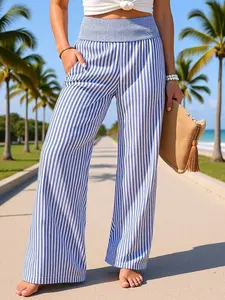 Women's Summer Striped Casual Loose Fit High Waist Pants, Casual Comfy Trouser, Vintage Style Long Regular Fit, Comfortable and Stylish Ladies' Trousers