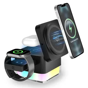 3-in-1 MagSafe Wireless Charging Station with Ambient Night Light, 15W Fast Foldable Charger Stand for iPhone 17/16/15/14/13/12, Apple Watch & AirPods