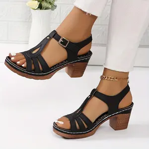 [Plus-SizeHighHeelSandals]Plus-SizeWomen'sBlackPeepToeHighHeelSandals-ChunkyFauxCoverAnkleSuspenderDressShoesforSummerFashionGirlFootwear
