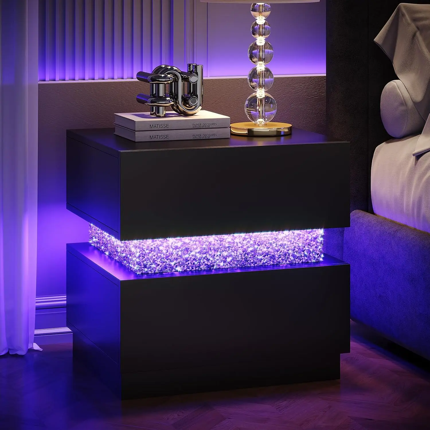 [New Arrival] HOMBCK Modern Nightstand with LED Lights & Diamond, White | Bedside Table with 2 Drawers, End Side Table for Bedroom, Living Room