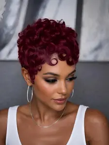 99j brown color  Human Hair Pixie Cut Wig  Short Curly Wavy Wig with Bangs, Density Natural Black Color, Rose Net Cap for Women, Elegant Style for Daily Use, Short Hair Wig, Stylish Hairpiece, Kinky Curly Wig, Human Hair Wigs