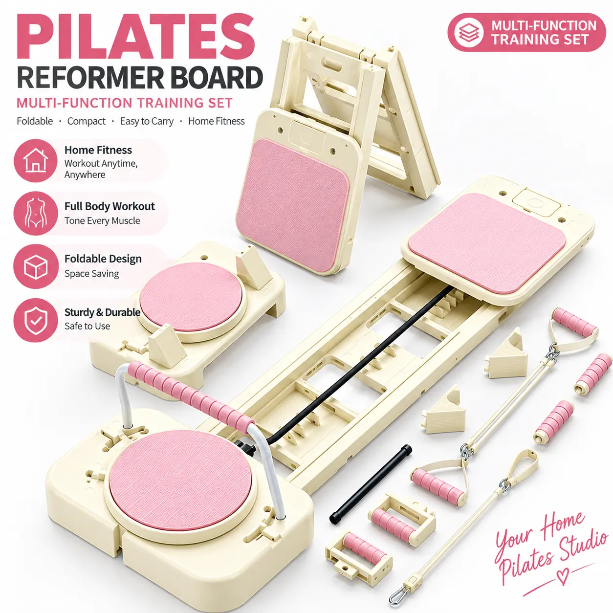 Pilates Reformer Board for Home Workout, Foldable 8-in-1 Pilates Reformer Machine with Adjustable 20 lbs & 60 lbs Resistance Bands, Yoga Ball and Phone Holder, Core Training Equipment for Small Spaces