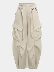 Women Casual Baggy Cargo Pants Trendy High Waisted Ruffle Patchwork Long Trousers with Drawstring