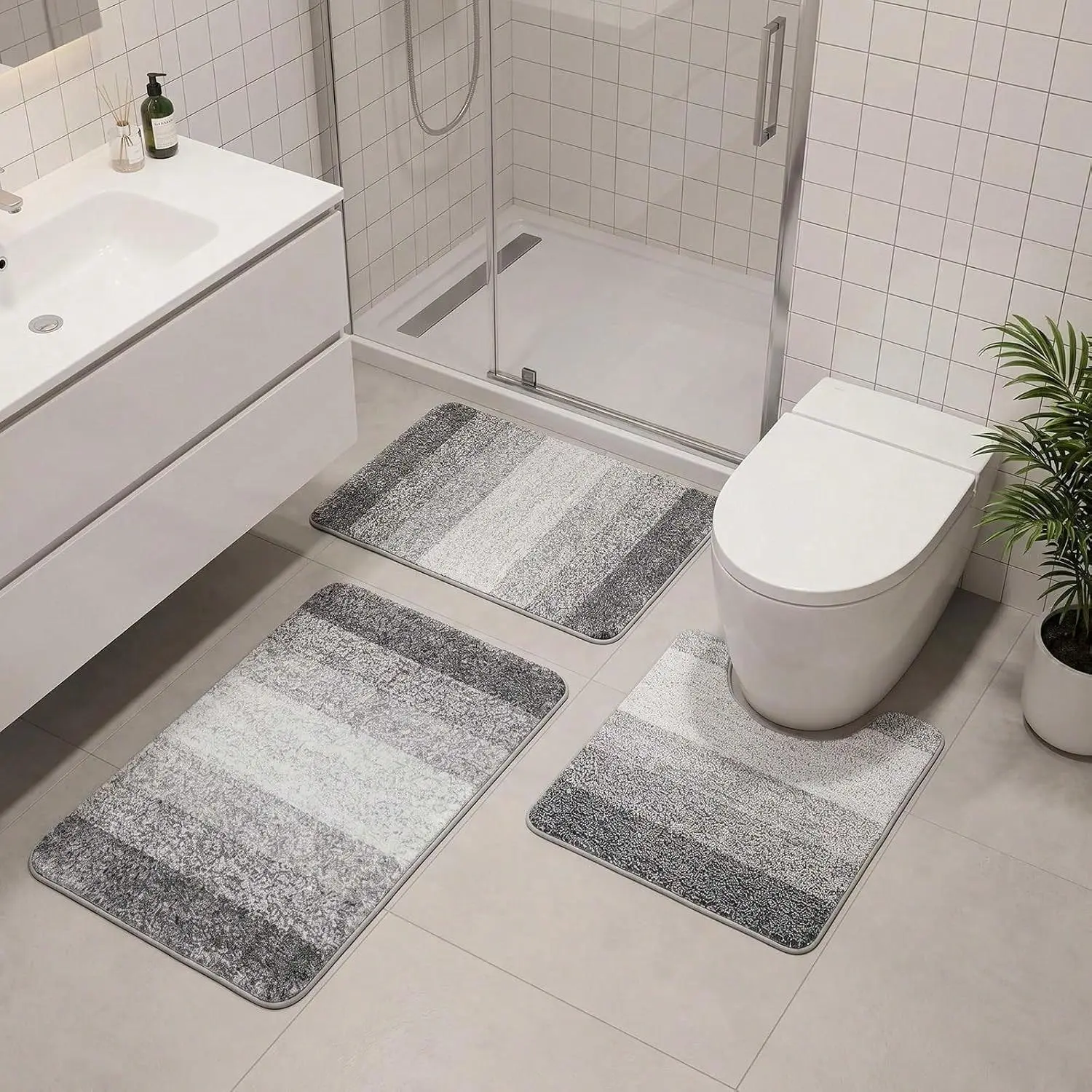 Cozy 3-Piece Gradient Stripes Nonslip Bathroom Rugs Set - Shaggy Absorbent Shower Rugs, Machine Washable Decorative Mats for Bathroom/Kitchen, Laundry Room