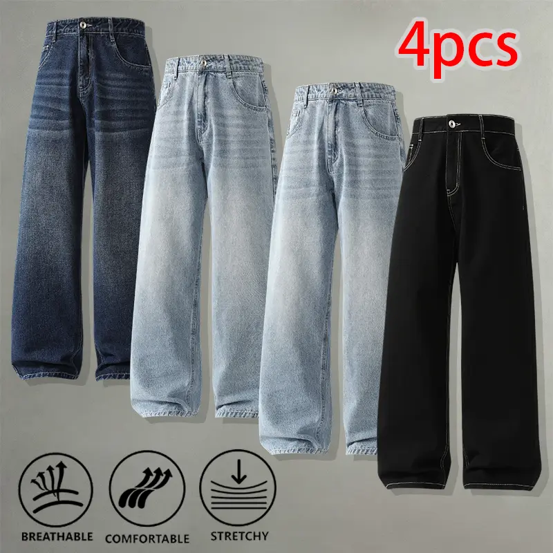 Men's 4-Pack Vintage Washed Wide-Leg Jeans, Menswear Plain Casual Fashion Denim Pants with Pocket, Streetwear Commuter Wear, Breathable, All Seasons