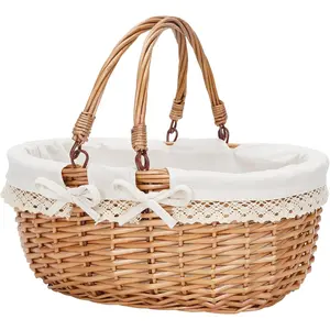 Oval Basket with Folding Handles, Hand Woven Shopping Basket, Bath Gift Packing Basket, Wicker Empty Easter Eggs and Candy Small Gift Basket.Cream