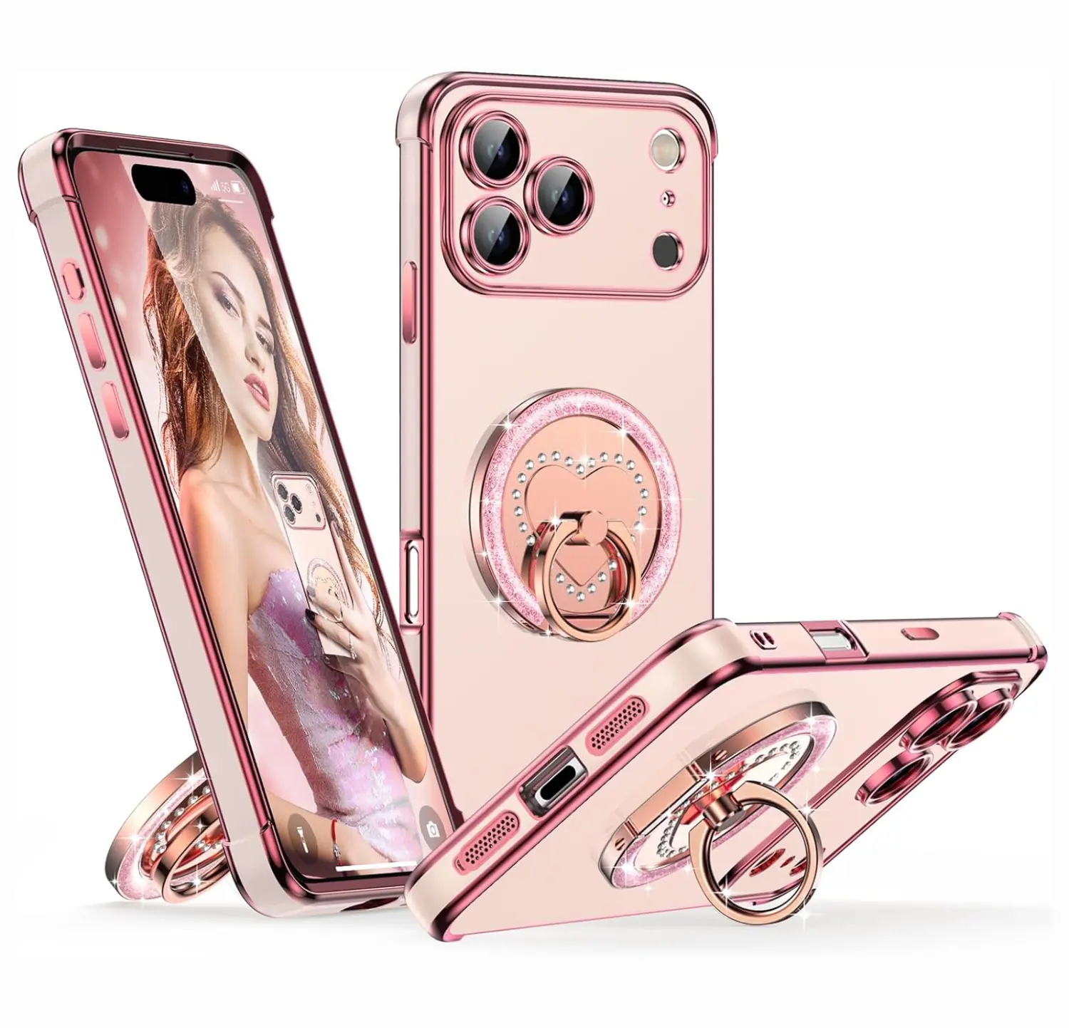 XYZ Smartphone Cover - Protective Case for iPhone & Samsung Phones, Women's Glittery Heart Design, Rotatable Ring Holder, Stand & Makeup Mirror