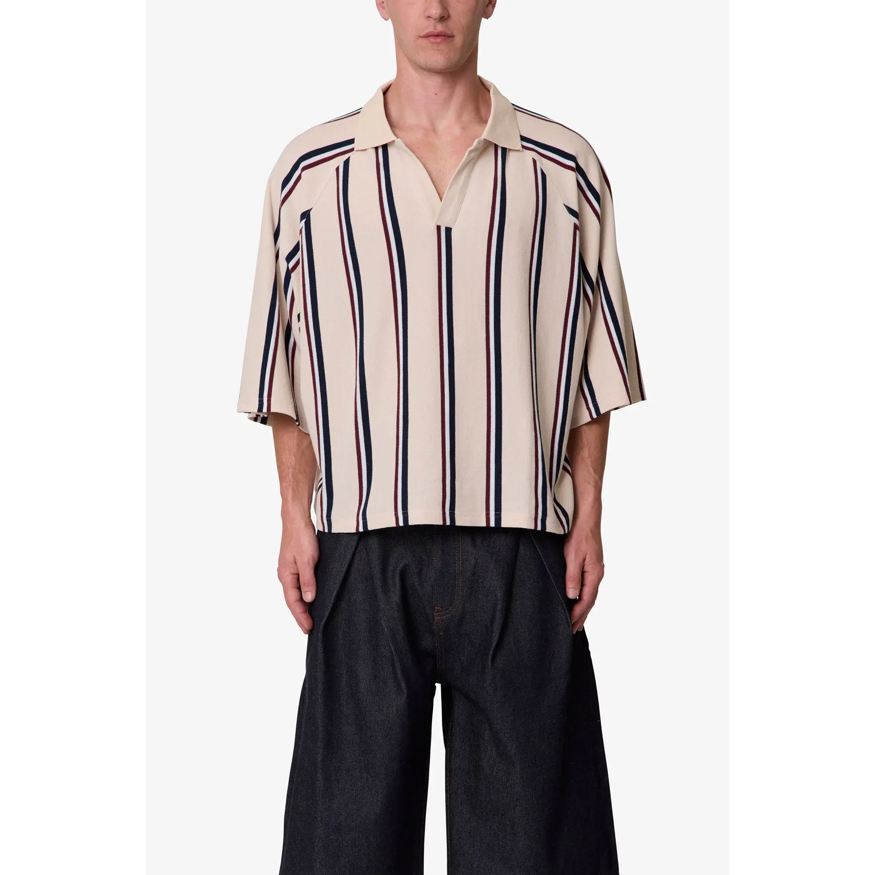 mnml Wide Striped S/S Polo Shirt - Navy/Natural/Red