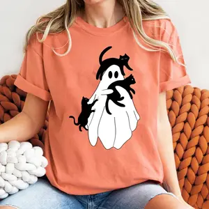 Funny Halloween Cats and Boo Ghost Shirt, Ghost holding black cat Halloween t-shirt, hallowween gift for cats owner, funny Halloween Shirt