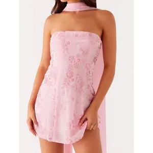 Womens Sequin Beaded Mini Dress with Scarf Y2k Strapless Sparkle Short Dresses Summer Club Party Glitter Dress(Sheet)