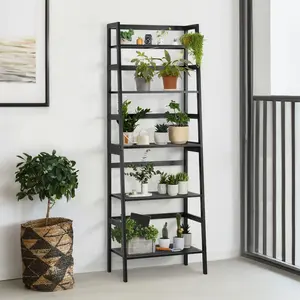 CAPHAUS 5-Tier Bamboo Ladder Shelf, Bamboo Open Storage Ladder Bookshelf, Freestanding Plant Standing Display Stand, Multifunctional Storage Rack Stand for Bathroom, Bedroom, Kitchen, Natural/Black/White