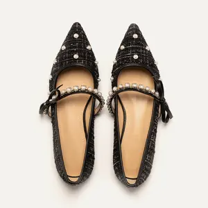 Black Braided Pearl Pointed Toe Flats