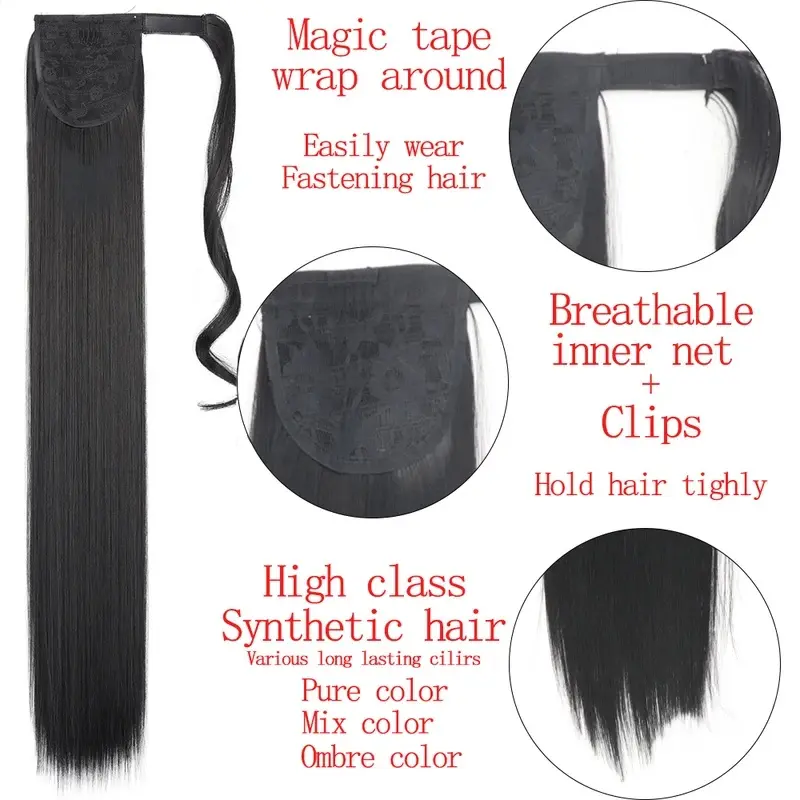 New  Synthetic Hair 22''34'' Long Straight Ponytail Wrap Around Ponytail Clip in Hair Extensions Black Hairpiece Headwear