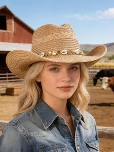 Boho Straw Cowboy Hat Summer Beaded Decoration Wide Brim Sun Protection Beach Hat Vintage Woven Western Cowgirl Hat Unisex Outdoor Shade Cap Vintage Weave Cowboy Style Hat
