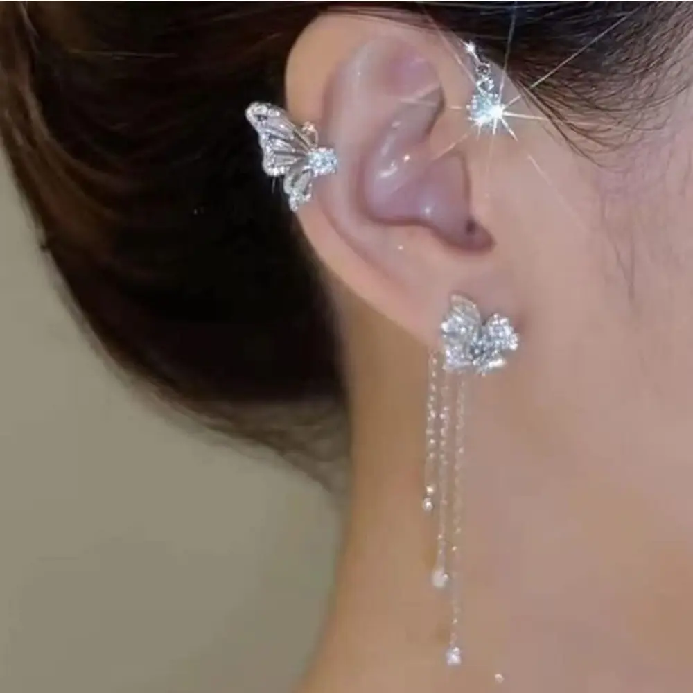 4PCS Tassel Earrings No Piercing Required,Butterfly Tassel Zirconia Earrings,Charming Fashion Shimmering Rhinestone Ear Bone Clip with Butterfly Flower,Butterfly Ear Cuffs
